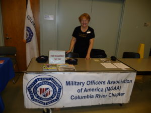 Chapter President, Evelyn Brady, staffing MOAA information booth at 2016 Veterans Day Ceremony at the Armed Forces Reserve Center in Vancouver, WA. Also helping at the booth were Jim Brady, Ron Pastor, Frank Hill, and Dave Casteel. 
